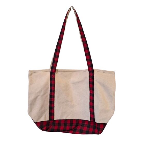 Leinenkugel's Beer Large Canvas Tote Bag Cream Buffalo Plaid Red Black NEW - Picture 2 of 5